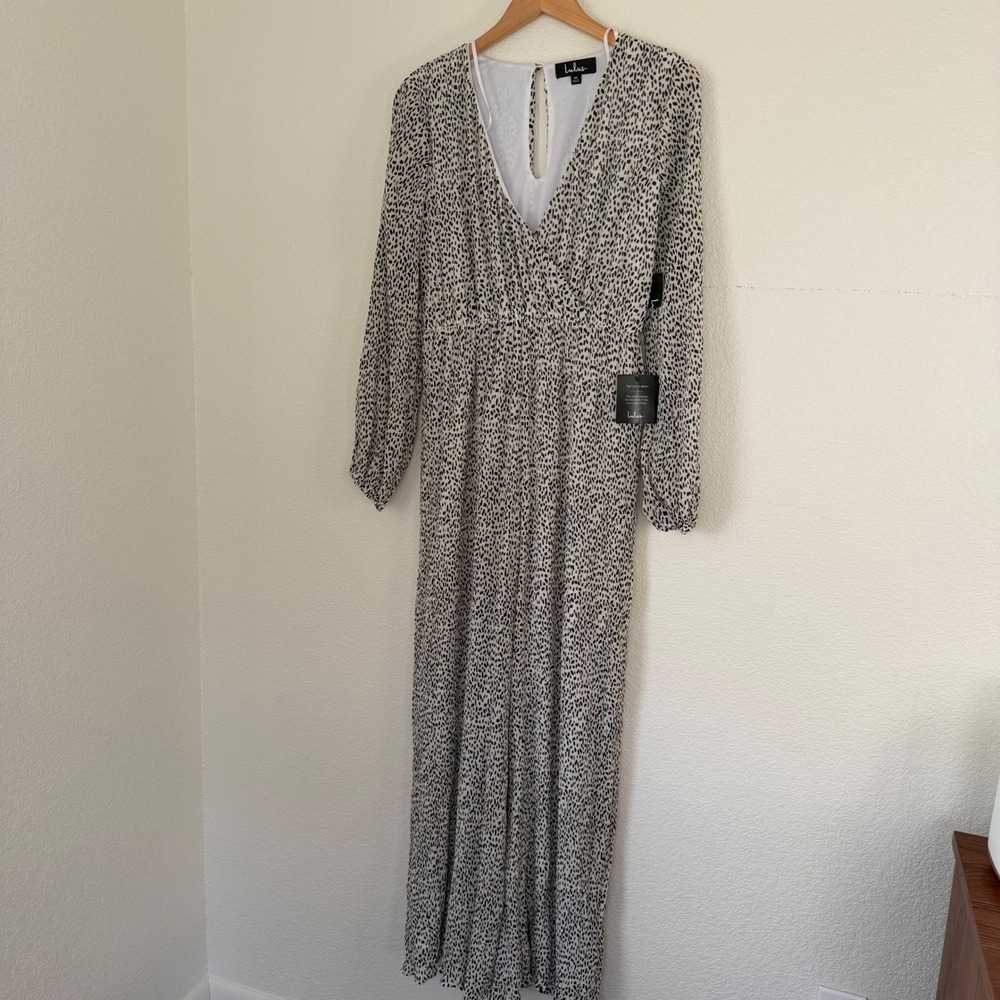 Lulus Wide Leg Jumpsuit Womens M Cream Black Dotted Balloon Sleeve NWT Jumpsuit - Picture 6 of 7